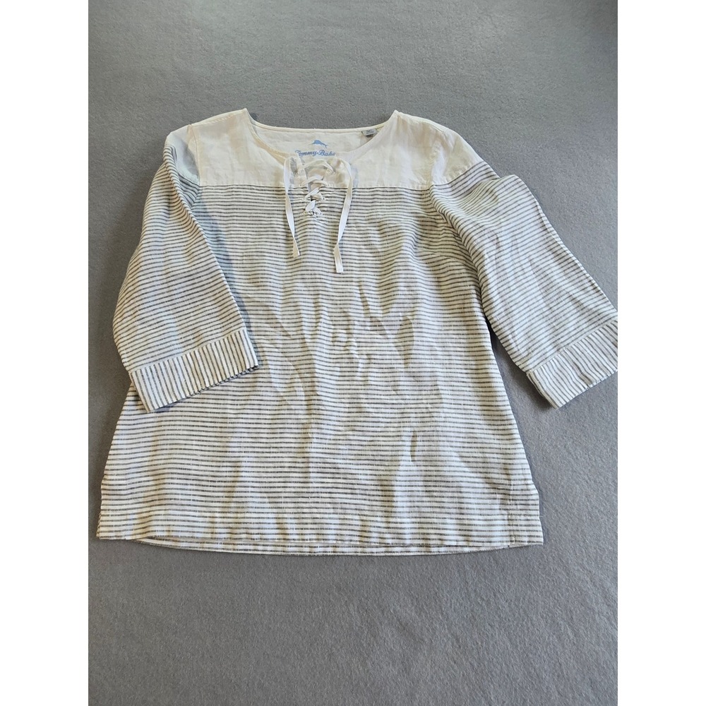Tommy Bahama Tunic Top Women Medium White Tan Striped 100% Linen Lace Up Coastal